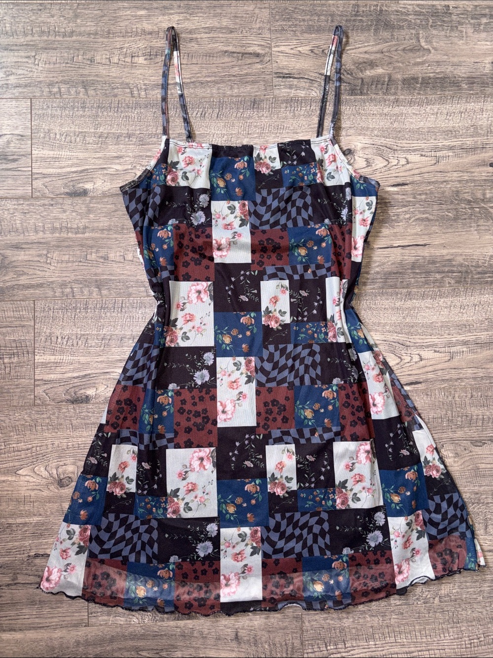 Summer Patchwork Floral Checker Mini Dress in Navy, Black, Burgundy, Cream
